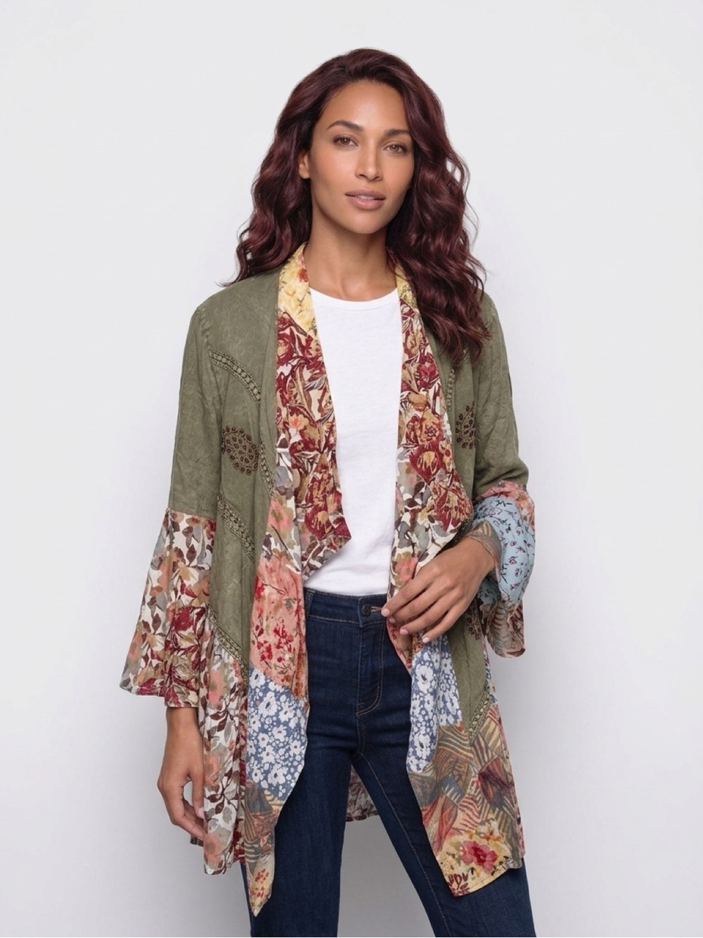 225 NWT Young Threads Patchwork Floral Open-Front Kimono - Gravel/Multi Color